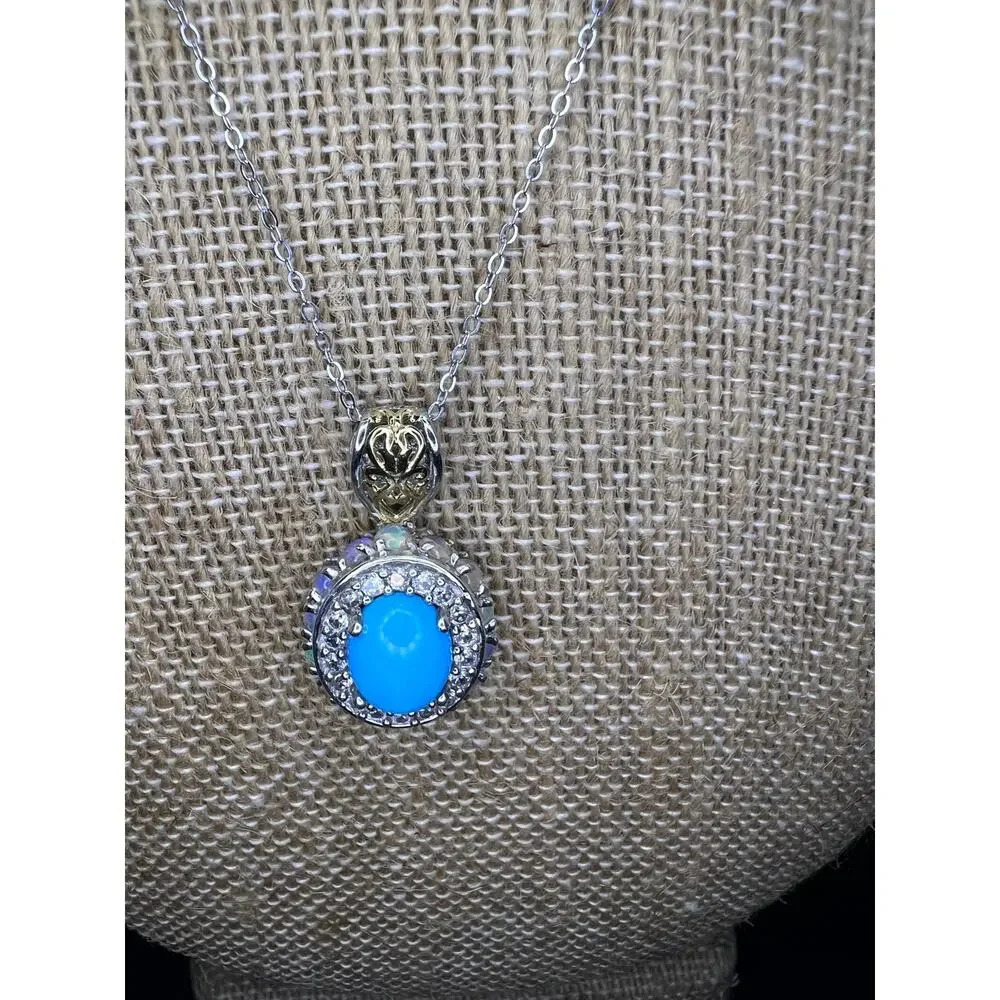 New Opal and turquoise halo pendant and chain necklace - Picture 3 of 11